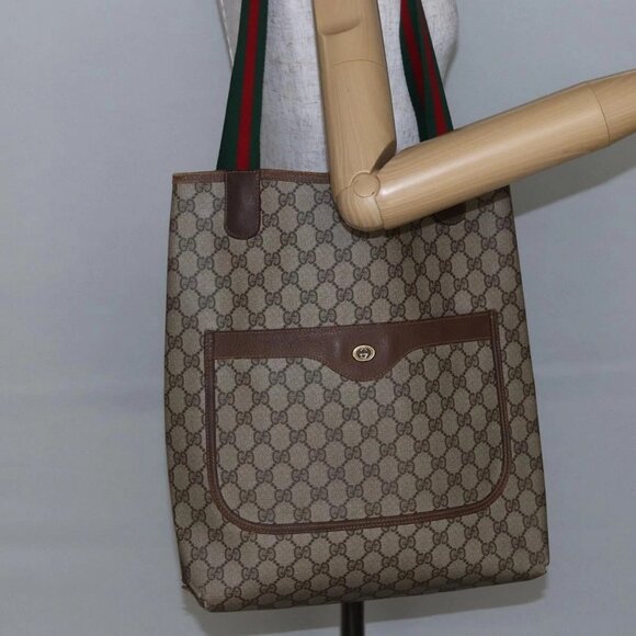 GUCCI GG Supreme Web Sherry Line Tote Bag PVC Beige Red 89 02 003 Auth 145657 - Picture 15 of 16